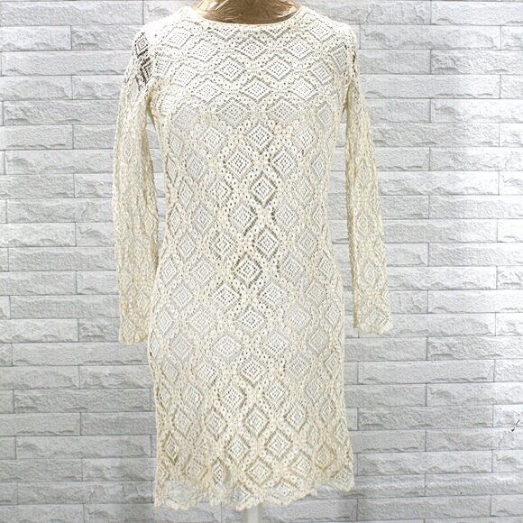 VINTAGE Dress Embroidered Floral Lace Long Sleeve Diamond Retro Cream Mini Small - Picture 1 of 11